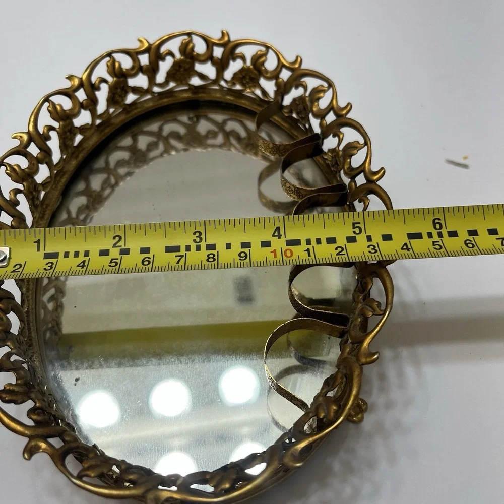Vintage Gold-Tone Filigree Oval Mirrored Vanity Tray W/ Lipstick Holders Footed